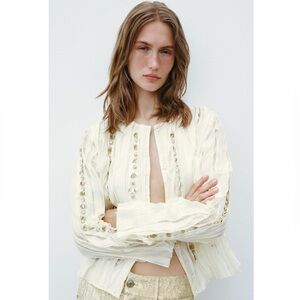 NWT Zara Rare Bloggers Fav Beaded Rhinestone sequins Ruffled Cardigan Jacket M